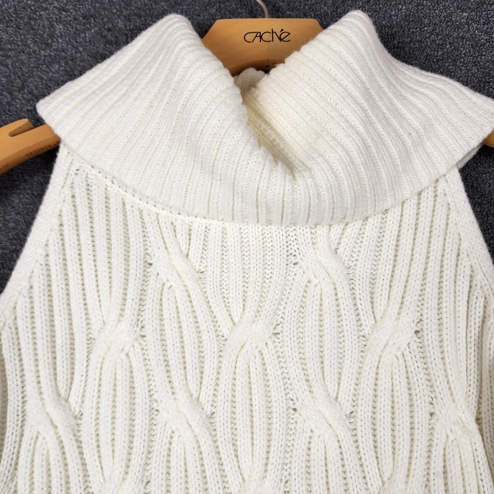 Anthropologie Cold Shoulder Cable Knit Sweater Cream White Wool Blend Small - Picture 2 of 11